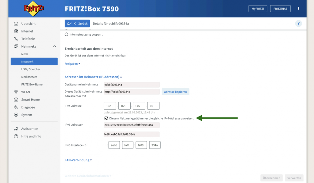 FritzBox, fixe IP-Adresse hinterlegen
